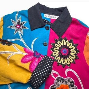Tunique Womens Large Multicolor Colorblock Floral Embroidered Button Up‎ Jacket